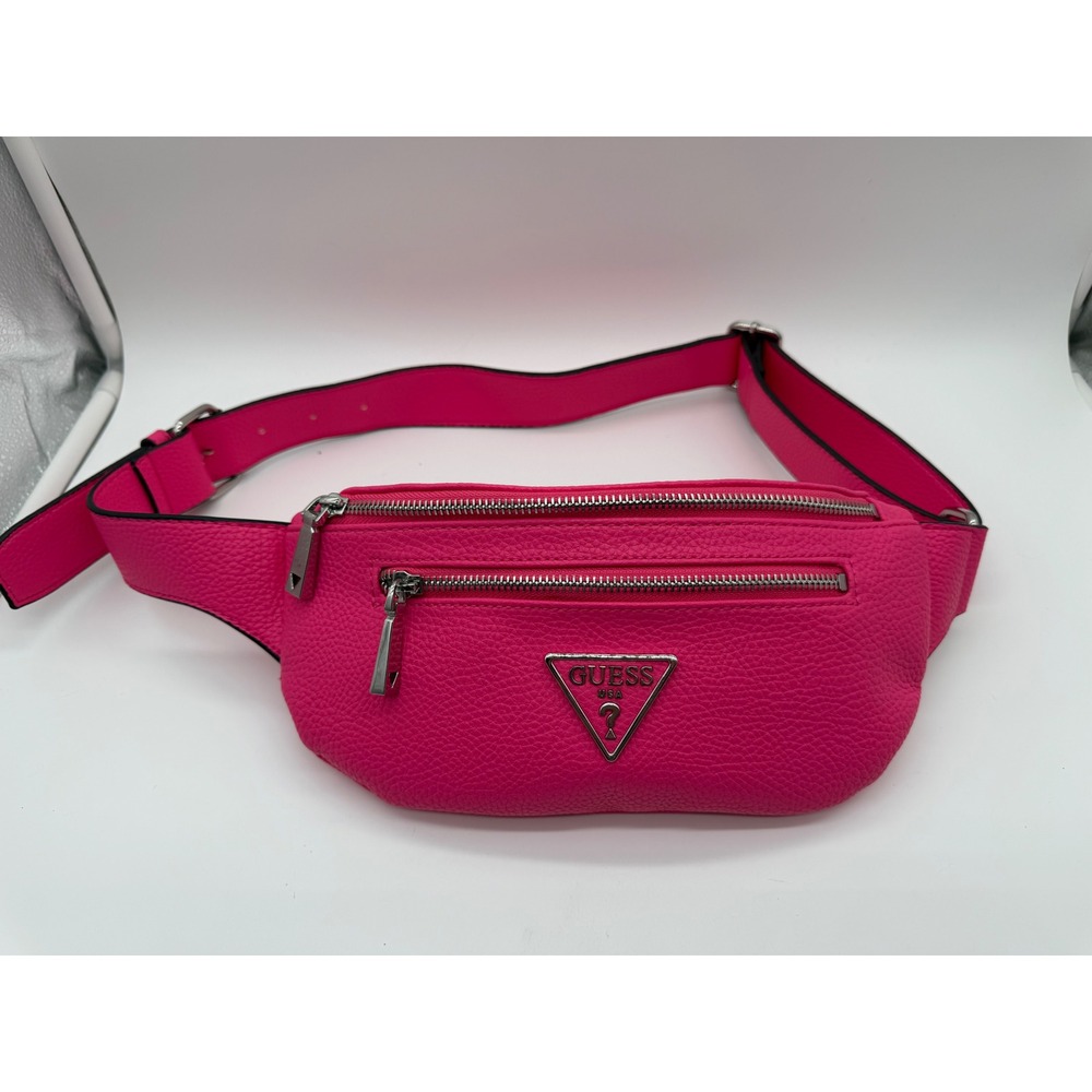 Guess Hot Pink Pebbled Faux Leather Fanny Pack Waist Bag‎ Silver Logo